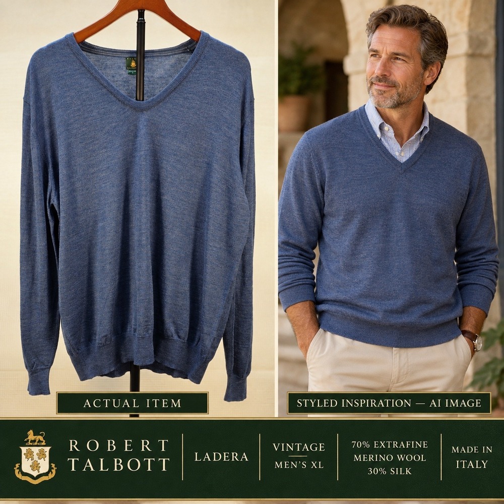 Robert Talbott Men's XL Blue V-Neck Sweater Merino Wool‎ Silk Italy Knit Luxury